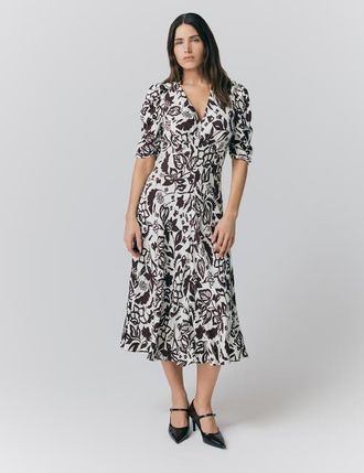Ghost London Madi Crepe Floral Midi Dress in Burgundy Abstract Floral at Nordstrom, Size 10