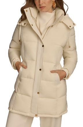DKNY Hooded Ribbed Trim Puffer Jacket in Cream at Nordstrom, Size X-Small