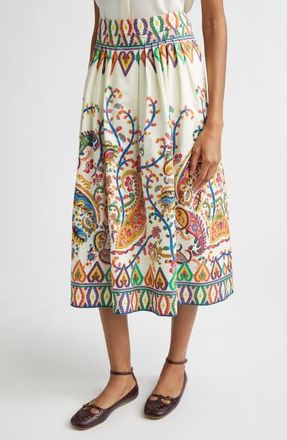 Etro Floral Paisley Pleated Cotton Voile Midi Skirt in Print On White Base at Nordstrom, Size 2 Us