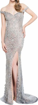 Terani Couture Off The Shoulder Sweetheart Bodice Gown In Grey