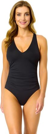 Anne Cole Womens Live In Color Solid V Neck Cross Back One Piece Swimsuit in Black at Nordstrom, Size 12