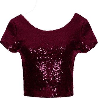 Generic Y2K Sequin Crop Top Womens Metallic Glitter Shirt Slim Fit Party Wear Rave Concert Outfit Club Night Fashion Retro Style Top(Red, S)