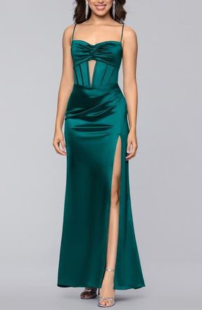 Blondie Nites Corset Satin Column Gown in Teal at Nordstrom, Size 15