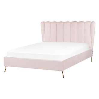 Beliani Cama Con Somier De Terciopelo Rosa Dorado 140 X 200 Cm Metal Usb Cabecero Miribel