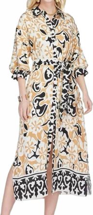 Jade Yoga The Isla Ethnic Border Maxi Shirt Dress In White/ Tan / Black