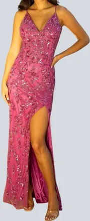 Primavera Backless Long Sequin Prom Dress In Fuchsia