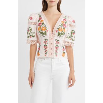 Farm Rio Floral Embroidered Cotton Top in Ivory/Pink at Nordstrom, Size Xx-Small
