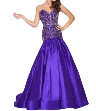 Mac Duggal Embellished Satin Prom Dress In Royal Purple