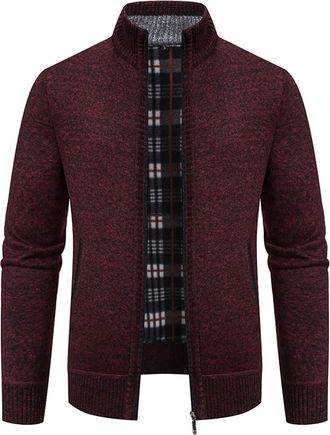 Generic Mens Knitted Cardigan Sweater Mens Chunky Knitted Sweater Cardigan Turn Down Collar Fleece Lined Zipper Winter Jumper Chunky Knit Jacket Red