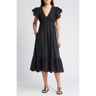 Rails Clementine Eyelet Smocked Cotton Blend Midi Dress in Black Eyelet at Nordstrom Rack, Size Small