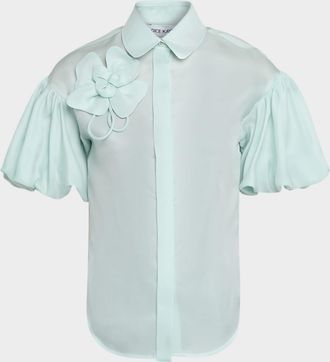 Dice Kayek Flower Applique Silk Puff-Sleeve Shirt