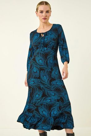 Roman Feather Print Keyhole Midi Dress