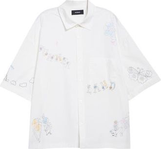 Nahmias Oversize Scribble Short Sleeve Cotton Poplin Button-Up Shirt in White Poplin at Nordstrom, Size X-Large