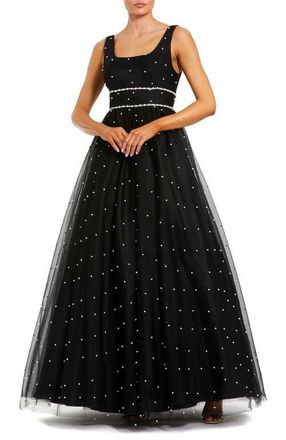 Mac Duggal Pearl Embellished Tulle Sleeveless Ball Gown in Black Ivory at Nordstrom, Size 16