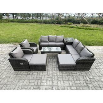 Fimous Wicker pe Rattan Sofa Set 10 Seater Outdoor Patio Garden Furniture Set with 2 Reclining Chairs Coffee Table Side Tables 2 Big Footstool Dark Grey