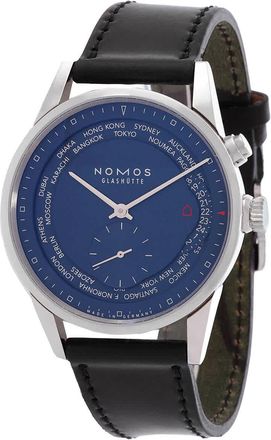 NOMOS Glash&uuml;tte Zurich Weltzeit Nachtblau Blue Dial Black Leather Mens Watch 807