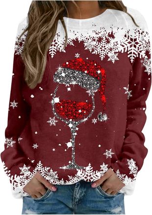 Generic Christmas Jumpers for Women UK Christmas Print Funny Sweatshirts Xmas Tree Red Wine Glass Novelty Jumper Long Sleeve Ugly Holiday Pullover Tops Plus S