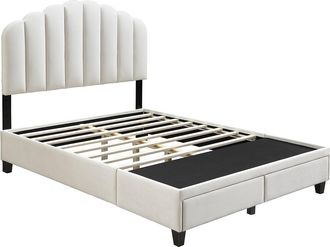 Vente-Unique Cama 160 x 200 cm con cajones - Terciopelo - Marfil - ILISIO