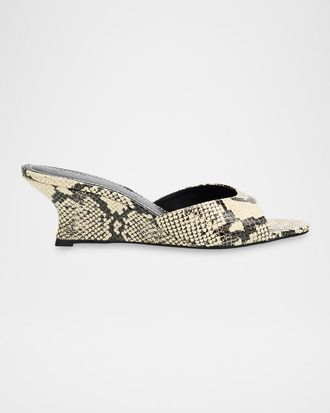 Staud Brigitte Snake-Embossed Leather Wedge Mules