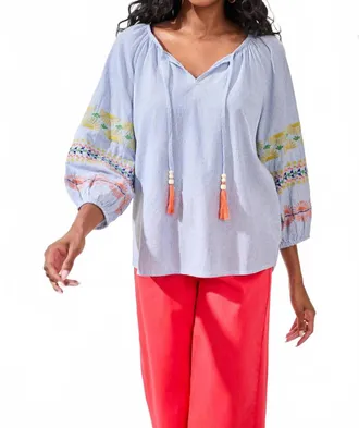 Tribal Embroidered Balloon Sleeve Tassel Tie Notch Neck Blouse In Baja Blue