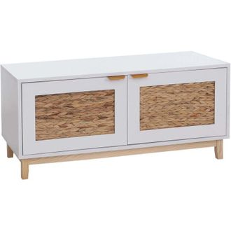 Hhg [NON UTILIZZATO] Panca HHG-926, guardaroba, ripiano per scarpe, MDF melaminico, intreccio giacinto dacqua 45x100x42 cm, color noce