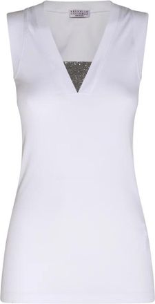 Brunello Cucinelli Witte tanktop met Monili-details - Dames - Tops zonder mouwen - Wit - L - Katoen - Tops