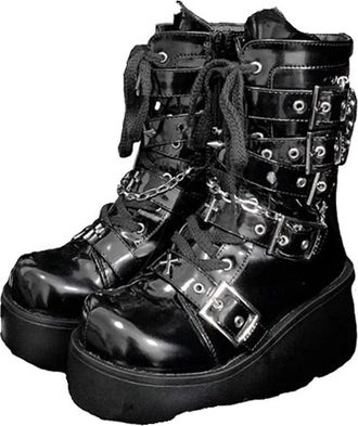 Generic Metal Chain Patent Leather Ankle Boots Women Designer Chunky Platform Wedges Boots Woman Black Gothic Lolita Shoes Female(4.5 UK)