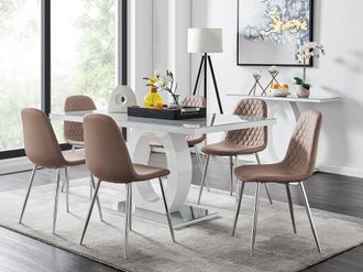 Furniturebox Giovani 6-Seater Grey Glass Dining Table & 6 Corona Faux Leather Dining Chairs in Beige