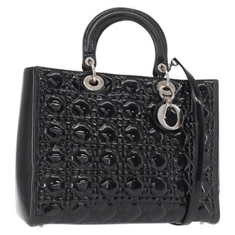 Dior Lady Dior Cannage Stitch Patent Black Patent_Leather Handbag (Pre-Owned)