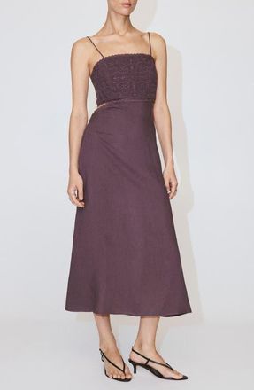 Mango Embroidered Beaded Linen Blend Dress in Plum at Nordstrom, Size 6