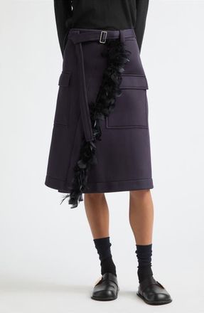 Plan C Feather-Trimmed Midi Skirt in Blue Black at Nordstrom, Size 34