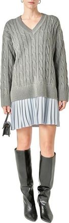 English Factory Long Sleeve Pleated Mixed Media Sweater Dress in Grey/Powder Blue at Nordstrom, Size X-Small
