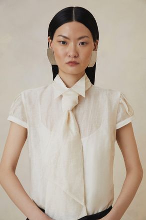 Karen Millen Womens Organza Woven Tie Neck Blouse - Cream Linen - Size 10 UK