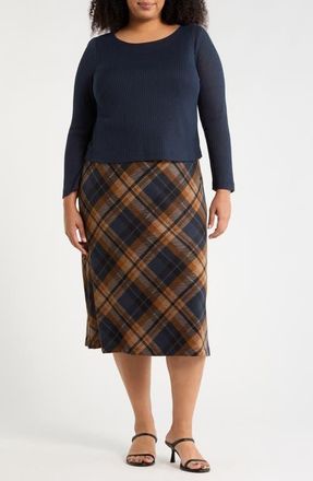 Connected Mixed Media Long Sleeve Midi Dress in Midnight at Nordstrom, Size 18W