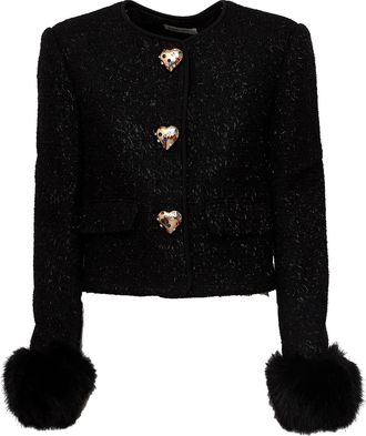 Self Portrait Black Metallic Boucle Faux Fur Cuff Jacket