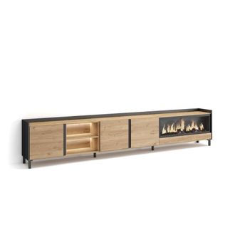Skraut Home Mueble tv efecto madera roble negro 315x35x61cm chimenea efecto fuego