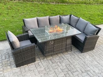 Fimous High Back Rattan Corner Sofa Set Gas Fire Pit Dining Table Heater Chair 7 Seater in Dark Grey