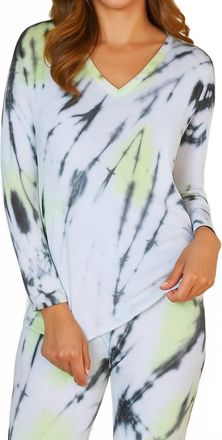 French Kyss Marble Wash Long Sleeve V-Neck Top In Lime