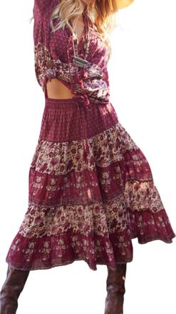 Blue Boheme Rosa Printed Midi Patchwork Skirt In Burgundy