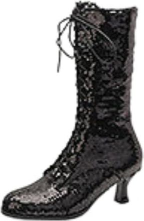 Generic Womens Round Toe Glitter Short Boots Kitten Heel Ankle Boots Lace Up Party Prom Shoes with Side Zipper,Black,6.5 UK