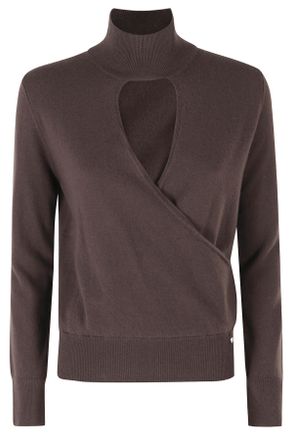 Herno Dark Brown High-Neck Cut-Out Crossover Wool Sweater