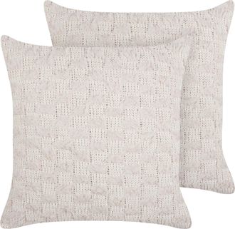 Beliani Conjunto De 2 Cojines Decorativos Con Funda De Algod&oacute;n De Punto Estampado Liso Funda Extra&iacute;ble Beige 45 X 45 Cm Basalim