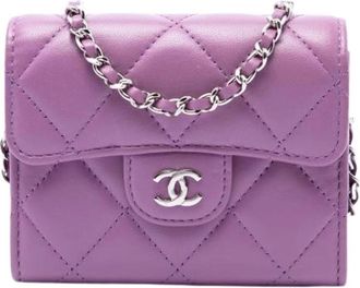 Chanel Pre-owned Card Holder On Chain - Dames - Vintage Mini Tas - Paars - ONE Size - Leer - Vintage