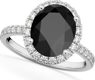 Allurez Oval Cut Halo Black Onyx & Diamond Engagement Ring 14K in 2.91Ct/white Gold at Nordstrom, Size 6.5