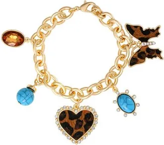 Jessica Simpson Crystal and Cheetah-Print Butterfly and Heart Charm Bracelet for Women 7.5, Gold-Tone, 5 Charms at Nordstrom