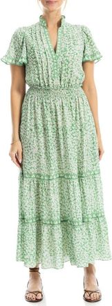 Max Studio Smocked Flutter Sleeve Maxi Dress in Leaf Daisy Sprinkle at Nordstrom Rack, Size X-Large