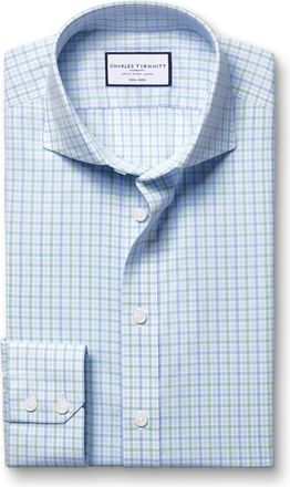 CHARLES TYRWHITT Cutaway Collar Non-Iron Poplin Checkered Cotton Formal Shirt - Green & Sky Single Cuff Size XL by Charles Tyrwhitt
