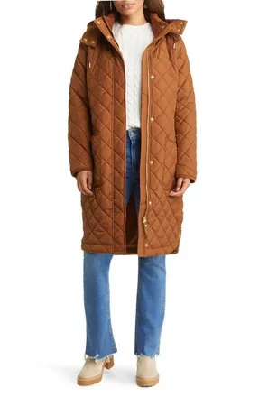 Joules Chatham Longline Quilted Puffer Jacket in Rust at Nordstrom, Size 8Regular