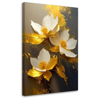Feeby Cuadro En Lienzo Magnolias Blancas Con Toques Dorados Sobre Fondo Oscuro 80x120