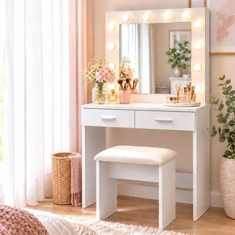 Relaxdays Relaxdays Tavolo Da Trucco Con Sgabello E Specchio Hollywood, 12 Led, 2 Cassetti, Hxlxp: 140x80x40 Cm, Mdf, Bianco